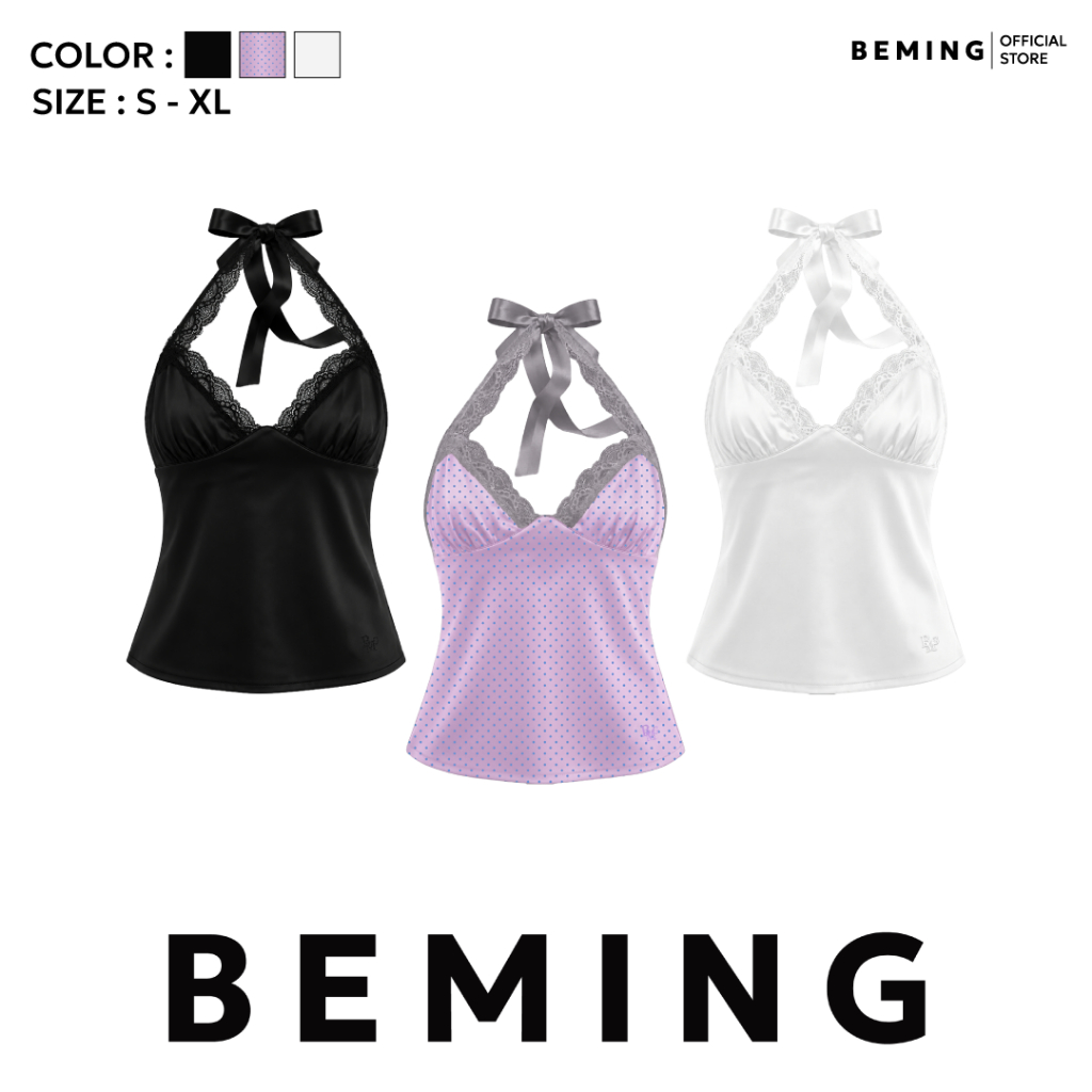 Bemingtop1229(S-XL)-Sissy top - เสื้อคล้องคอดีไซน์ผ้าซาติน เพิ่มความโดดเด่นด้วยขอบลูกไม้และสายผูก