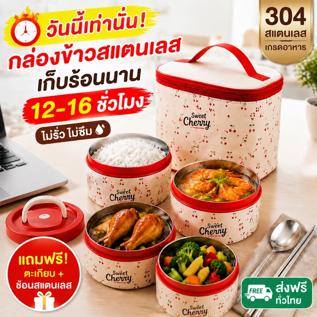กล่องข้าว สแตนเลส 304 กันรั่ว เก็บความร้อนได้ดี กล่องอาหารกลางวัน พกพาง่าย กล่องใส่อาหาร สำหรับทำงาน โรงเรียน