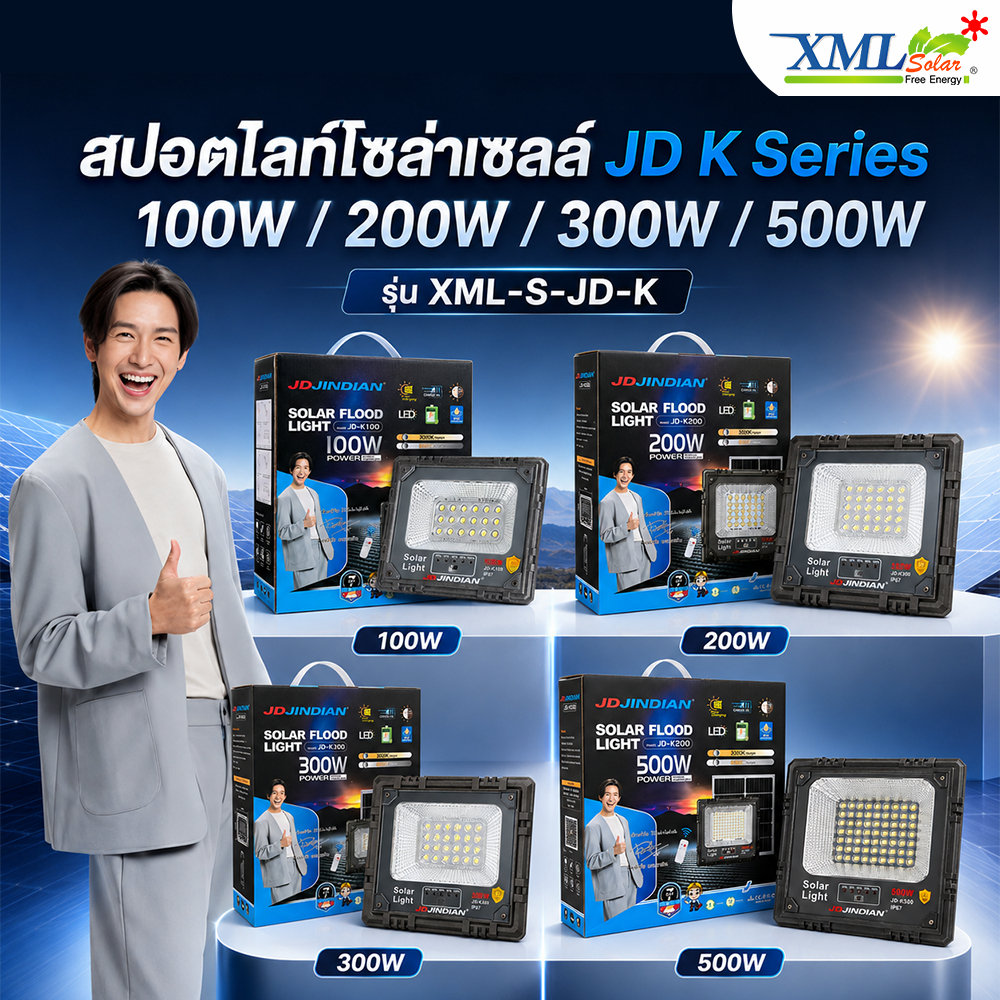 ไฟสปอร์ตไลท์โซล่าเซลล์ แผงแยก รุ่น K Series (แสงขาว) ขนาด 100W / 200W / 300W / 500W รุ่น XML-S-JD-K