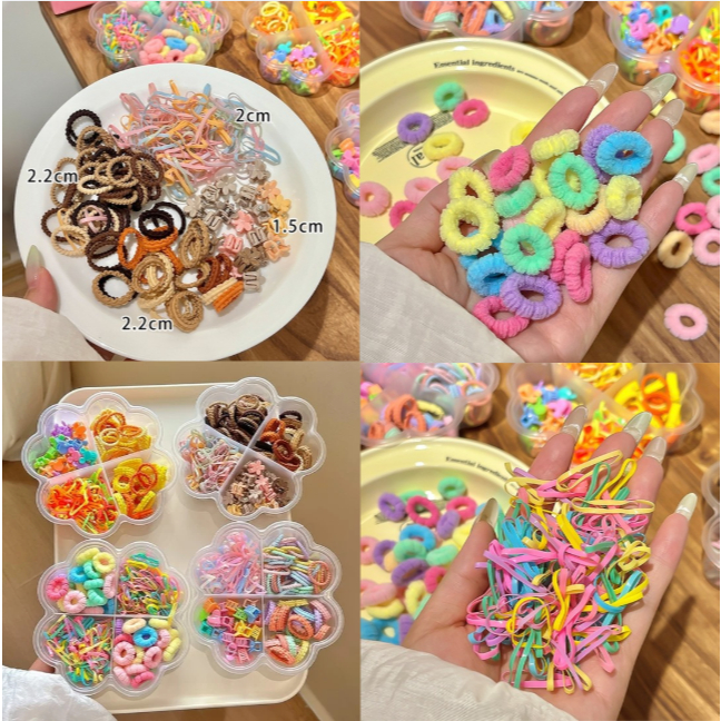 ชุดยางรัดผม+กิ๊บจิ๋วติดผม น่ารัก สีสดใส มี10แบบ เลือกได้จุใจ ยางยืด นุ่มไม่เจ็บหัว มีครบจบในชุดเดียว (1กล่องมี4ช่อง)