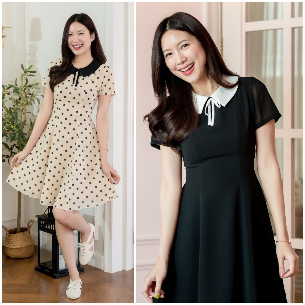 PD389 Chiffon Dress 2090 เดรสผ้าชีฟอง คอปก แขนสั้น กระโปรงบาน