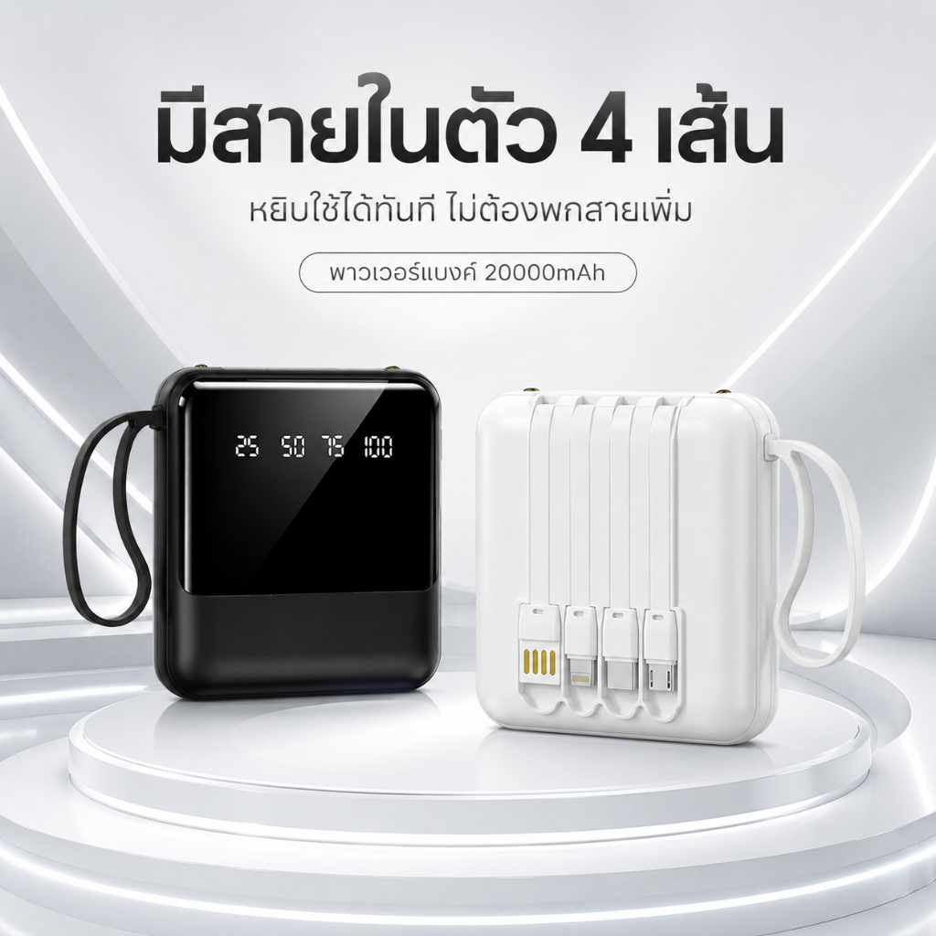 พาวเวอร์แบงก์ สายในตัวแยกได้ 4 หัว พาวเวอร์แบงก์ 20000mAh ชาร์จเร็ว รองรับทุกมือถือ ขนาดกะทัดรัด พกพาง่าย มินิแบตสำรอง