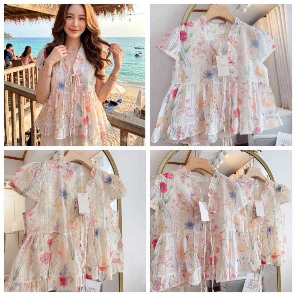 ป้าย Sherbet เสื้อคอวีแขนสั้นผ้าคอตตอนปักลาย อก 38 นิ้ว ยาว 20 นิ้ว