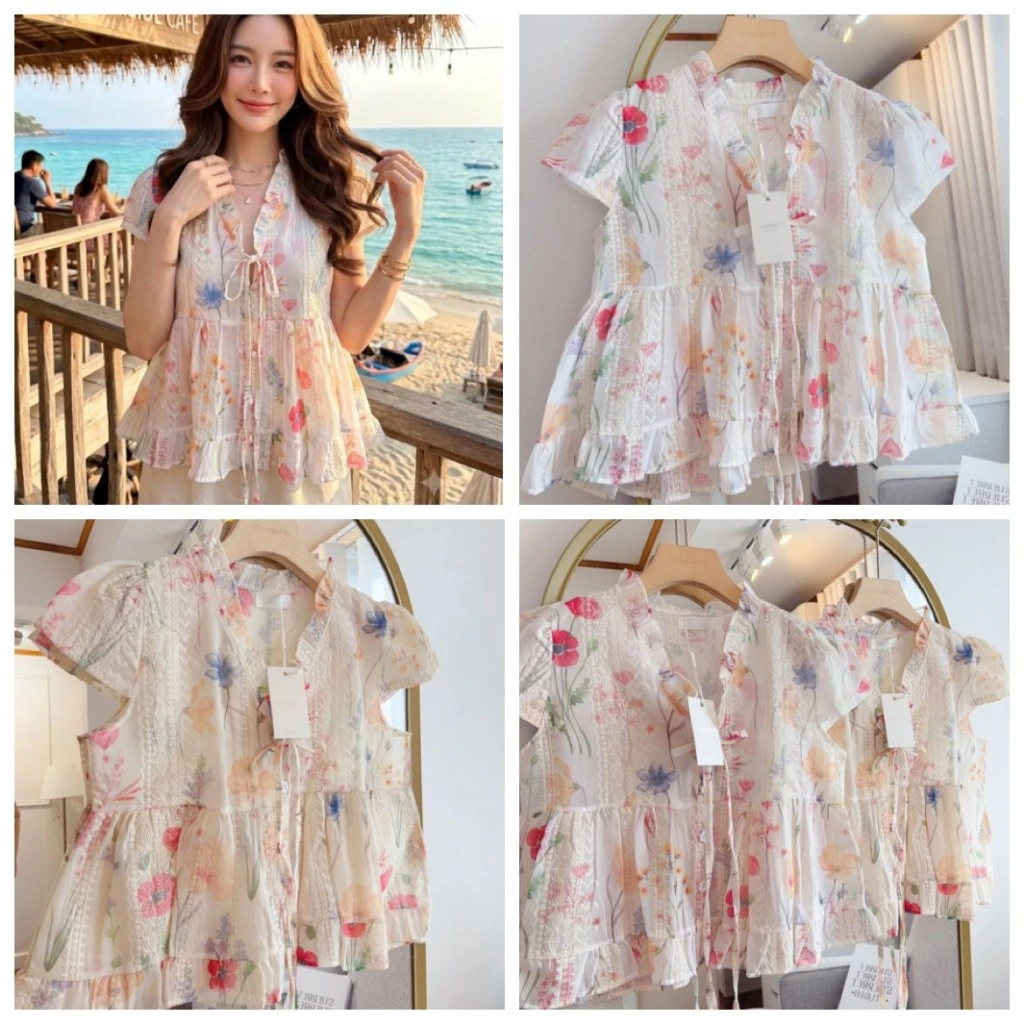 ป้าย Sherbet เสื้อคอวีแขนสั้นผ้าคอตตอนปักลาย อก 38 นิ้ว ยาว 20 นิ้ว