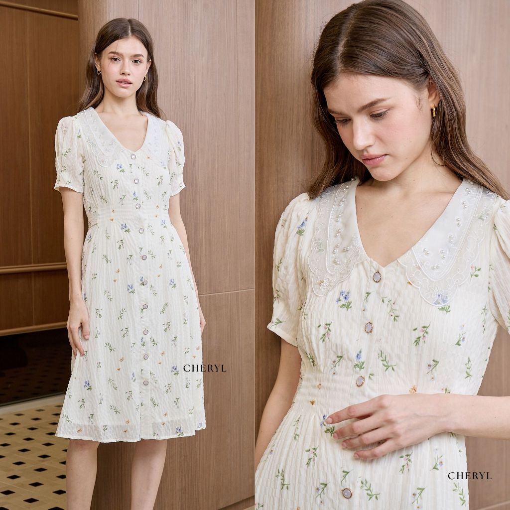 Cheryl brand - Rowan Midi Button Collar Dress in Cream Floral Print / เดรสพิมพ์ลายดอกไม้สีครีม