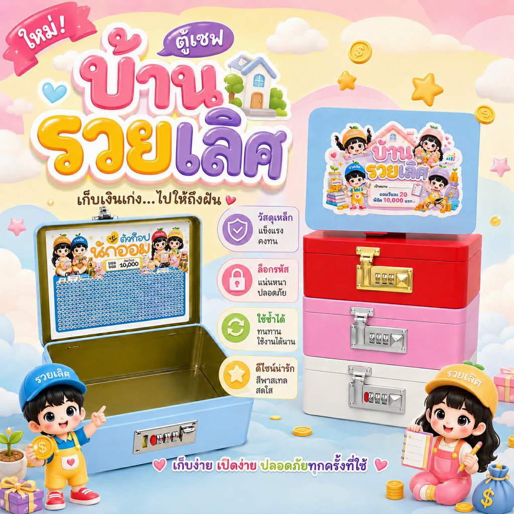กล่องออมเงินตู้เซฟรวยเลิศ มีรหัสล๊อค ปิดแน่น พร้อมกันชื้น สติกเกอร์ ตารางออม