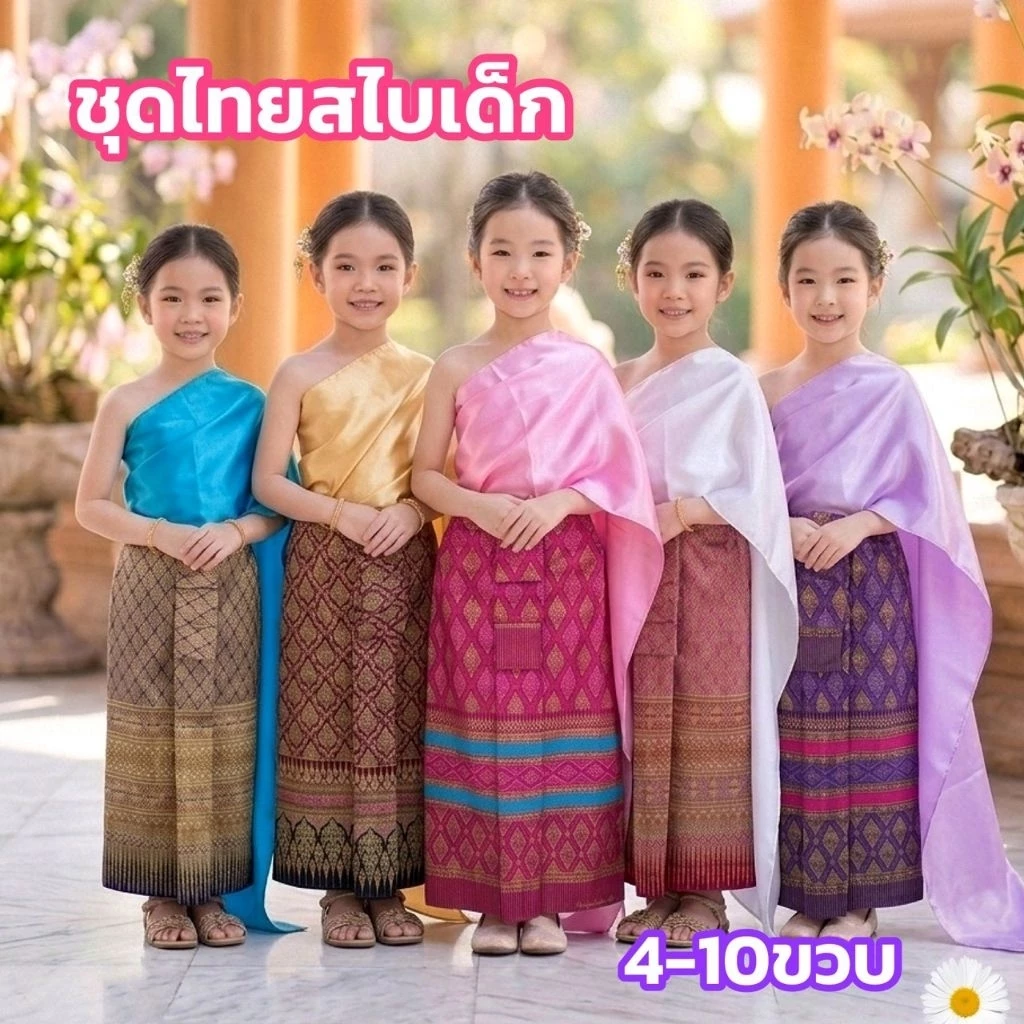 (พร้อมส่ง) สไบชุดไทยเด็ก ผ้าถุงคอตตอนลายไทยพิมพ์สำเร็จรูป (4-10ขวบ)