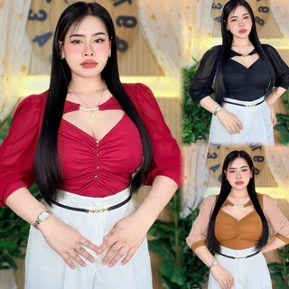 พร้อมจัดส่ง**เสื้อสาวอวบ อก38-46ยาว23 เว้าหน้าแต่งอะไรแขนชีฟองดูดีมาก**รุ่น เว้าย่นหน้าแขนชีฟอง**