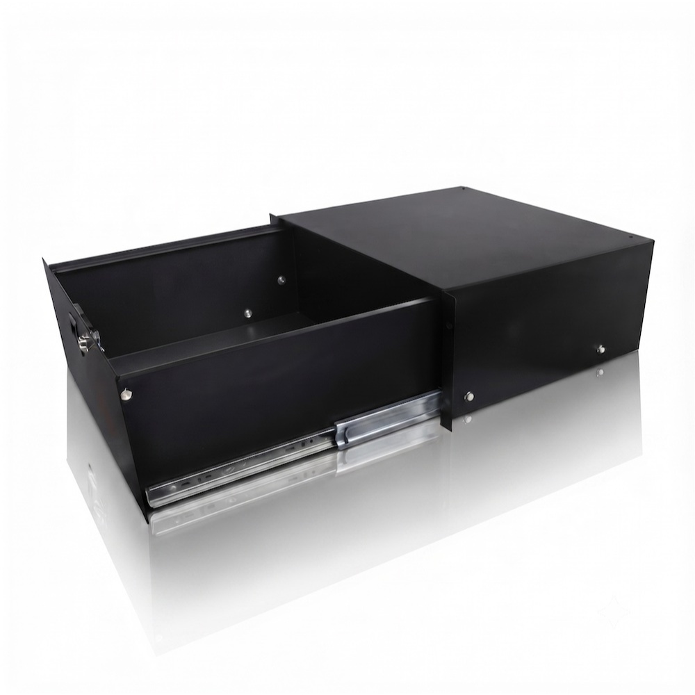ลิ้นชัก เหล็ก แบบติดแร็คสีดำ ขนาด4U พร้อมสลักแบบ Slam Latch และกุญแจล็อก4UBlack Rack Drawer with Sla