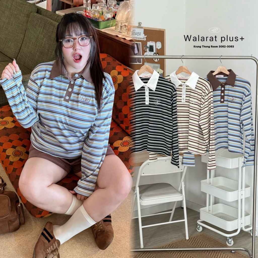 W32000เสื้อคอปก แขนยาว ผ้าลายริ้ว ทรงโอเวอร์ไซส์ น่ารัก เก๋ๆ เสื้อผ้าสาวอวบอ้วน  ไซส์ใหญ่