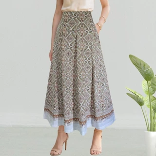 กระโปรงผ้าไทยประยุกต์ ทรงย้วย 8 ชิ้น เอวสูงไม่ใส่ยางยืด ยาว 36 นิ้ว มีกระเป๋า 2 ข้าง ผ้าฝ้ายพิมพ์ลาย ไม่อัดกาว