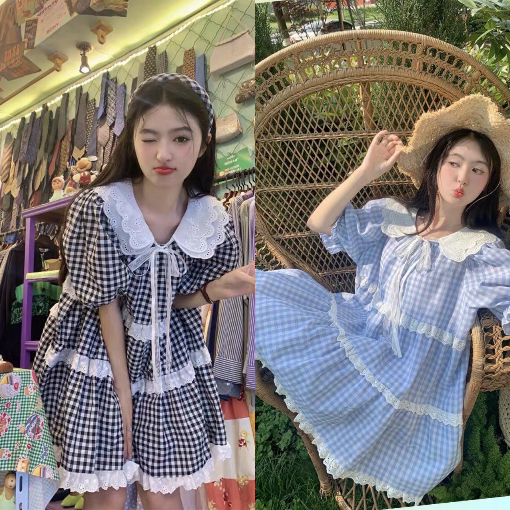 ➤ ꫛꫀꪝ 𝑺𝒕𝒚𝒍𝒆☻เดรสลายสก็อตคอปกระบายลูกไม้ น่ารักมาก