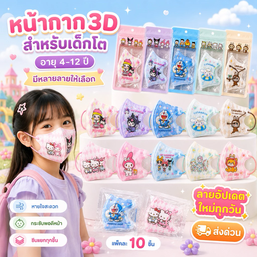 แมส3Dลายการ์ตูน เด็กโต 3-14ปี (1แพค10ชิ้น) มีงานซีนและไม่ซีน ส่งตรงจากกรุงเทพ