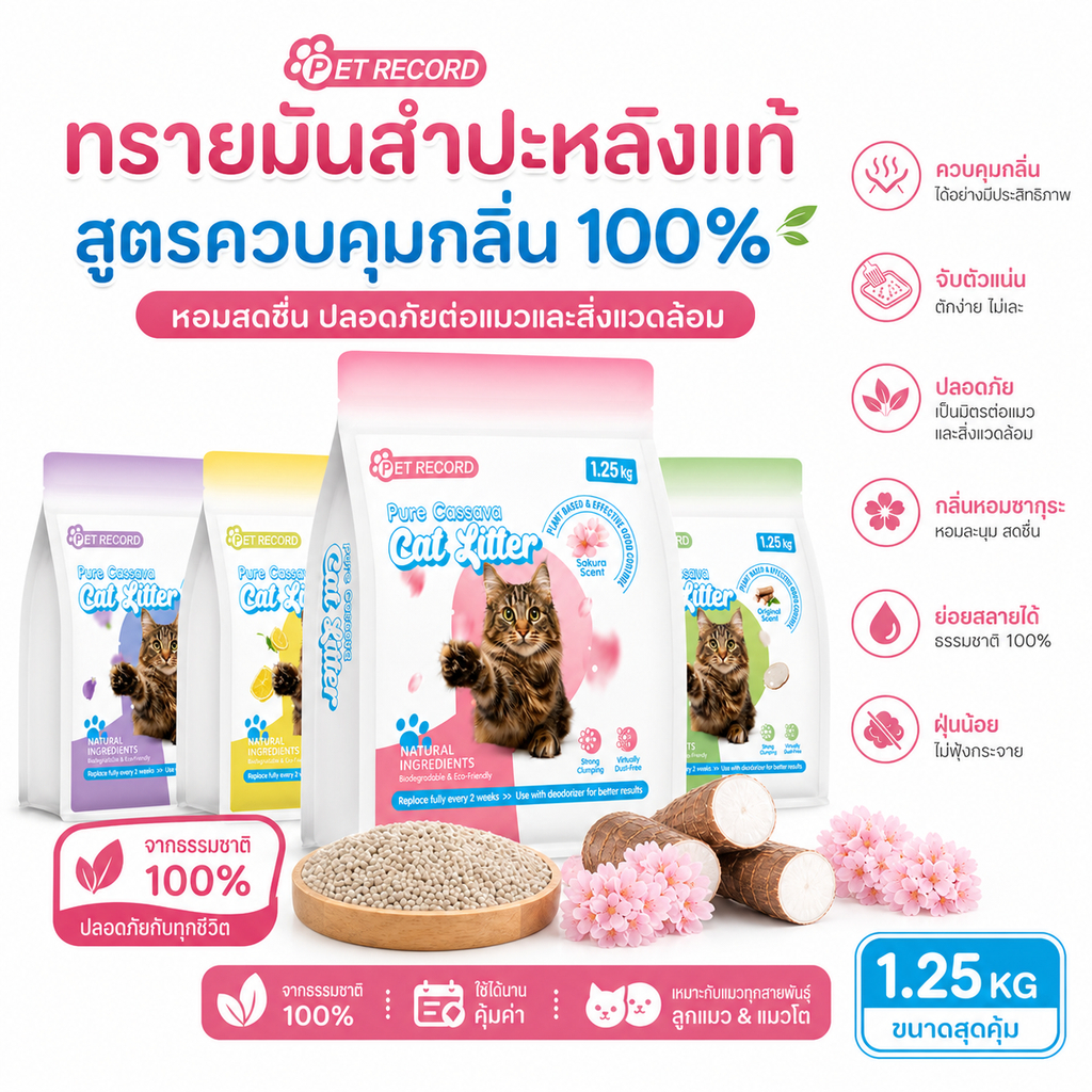ทรายแมวจากมันสำปะหลัง 100% ธรรมชาติ อัดก้อนเร็ว ดับกลิ่นดี ไม่มีฝุ่น ไม่ติดก้น สลายน้ำชักโครกได้ ขนาด 1.25 กก