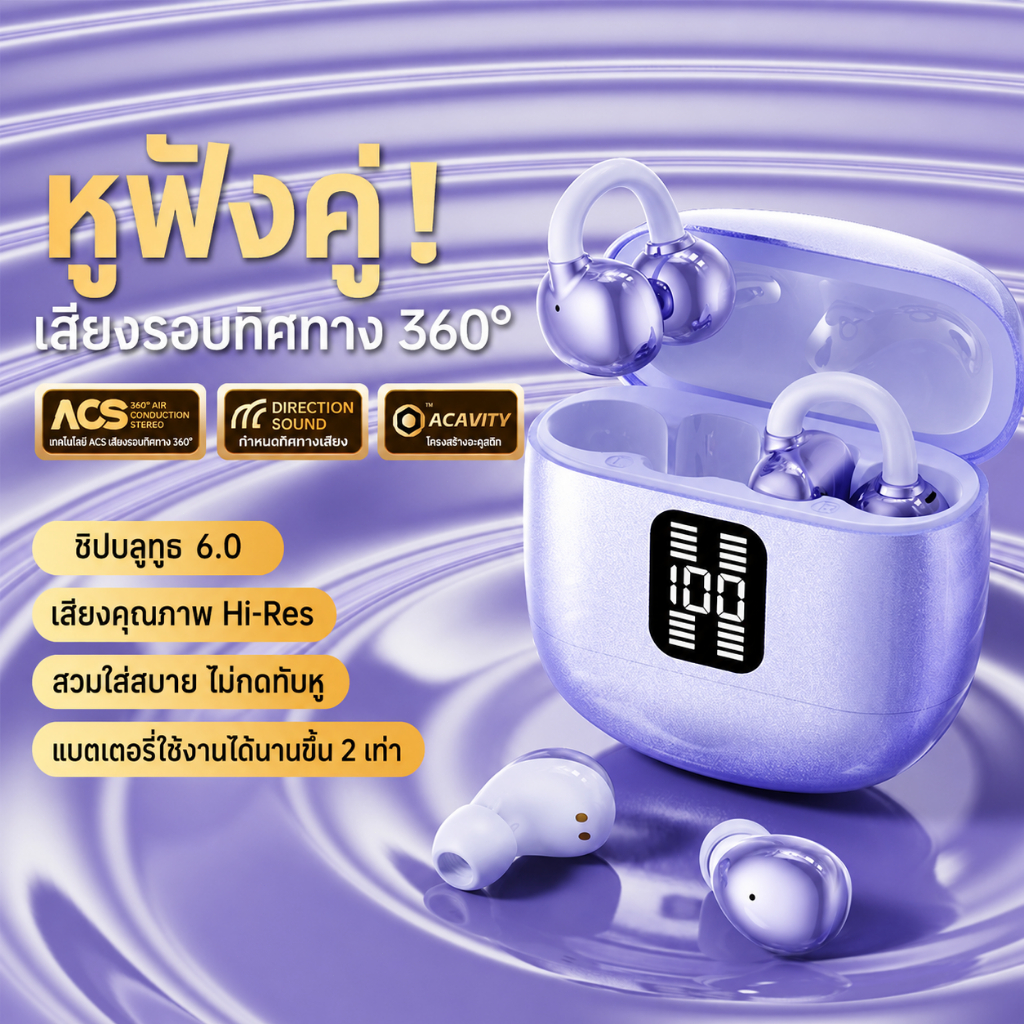 หูฟังบลูทูธไร้สาย TWS 2 คู่ในชุด Bluetooth 6.0 เสียงดี หน่วงต่ำ กันน้ำ IPX5 ใช้งานต่อเนื่องยาวนาน พร้อมเคสชาร์จ สำหรับมื