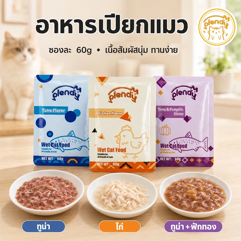 Plendy อาหารเปียกแมว 60g กลูเตนฟรี เนื้อแท้35% ขนมแมวเปียก ทูน่า ไก่ ฟักทอง เสริมทอรีน แมวกินดี