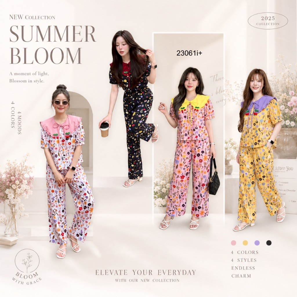 Set 2 ชิ้น ลายดอกไม้ เสื้อแขนสั้น ปกติดอะไหล่ + กางเกงขายาว TT23061