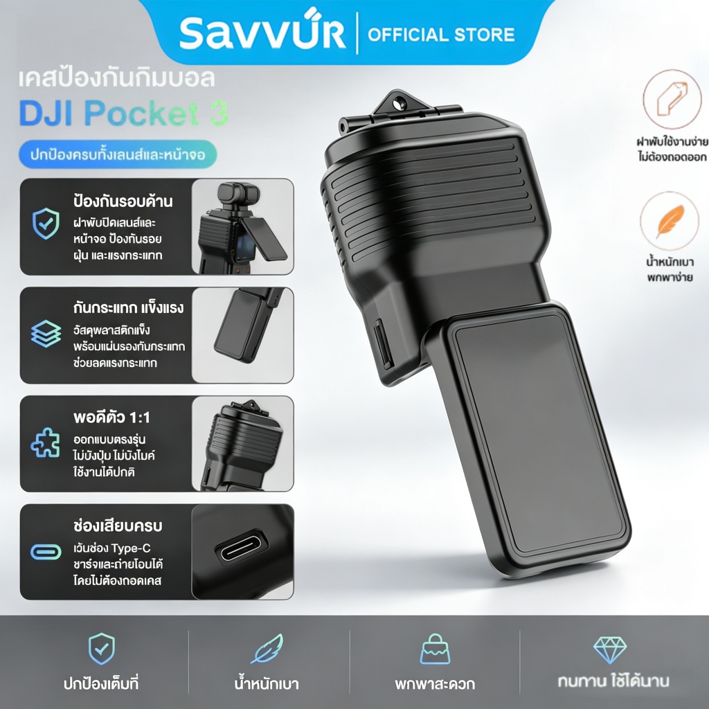 Savvur เคสป้องกัน DJI Pocket 3 พรีเมียม เคสกันกระแทก Osmo Pocket 3 วัสดุคุณภาพสูง ปกป้องกิมบอลระดับโปร