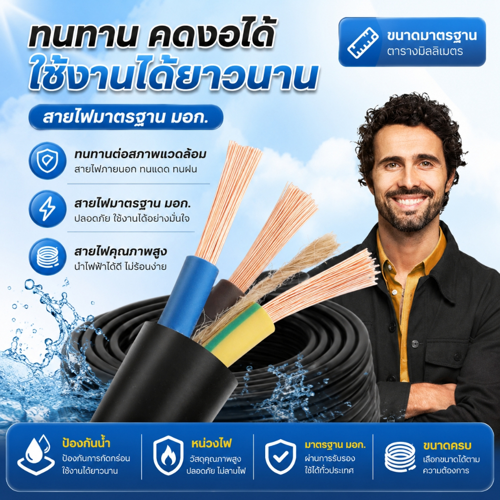 สาย VCT 3x1 3x1.5 3x2.5 3x4 3x6 ตัดแบ่งเมตร THAI UNION มอก.สายไฟ สายไฟเข้าเครื่องจักร สายไฟอาคาร