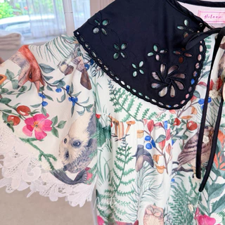 NITAAN 🐁 LILA DRESS เดรสผ้านูนทางพิมพ์ลาย โอเว่อร์ไซส์ ปกปัก สวยมากกก กระดุมหน้าอแต่งลูกไม้
