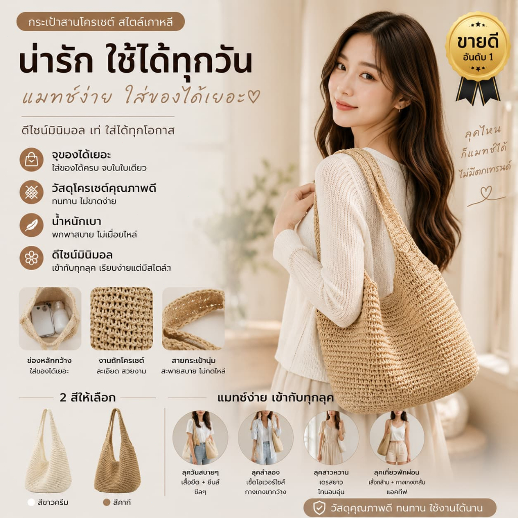 พร้อมส่ง กระเป๋าถักสไตล์เกาหลีรุ่นใหม่ กระเป๋า Hobo แบบย่าม ดีไซน์ไม่มีซับใน รองรับ COD