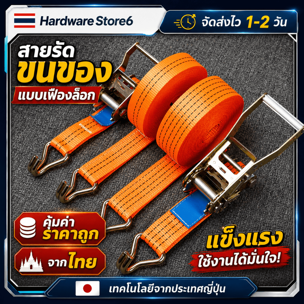 Hardware Store6 จัดส่งภายใน 24 ชม. สายรัดก๊อกแก๊ก 4/5 ซม. ยาว 4/6/8/10 ม. สายรัดของ หัวล็อคแน่น รับน้ำหนักดี ทนทาน ดีมาก