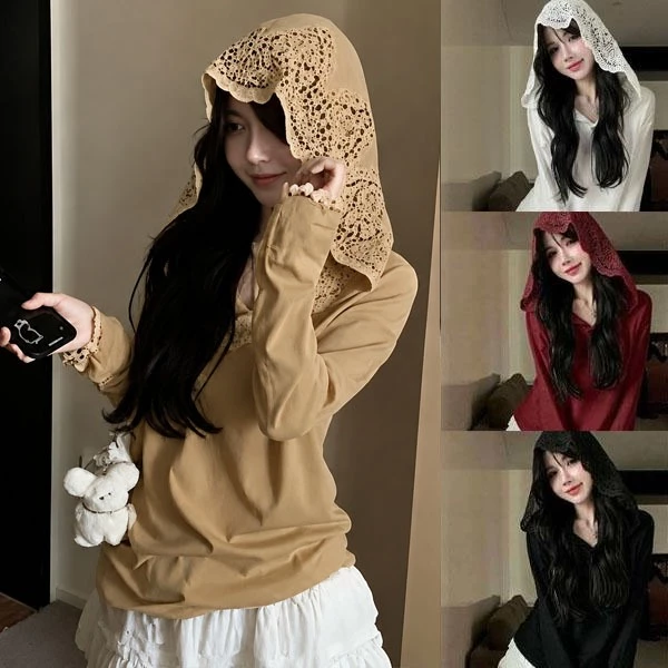 [Chili]เสื้อฮู้ดผู้หญิงรุ่นปี 2026 ตกแต่งด้วยลูกไม้ ดีไซน์น่ารัก ทรงหลวมใส่สบายแบบลำลอง#99449