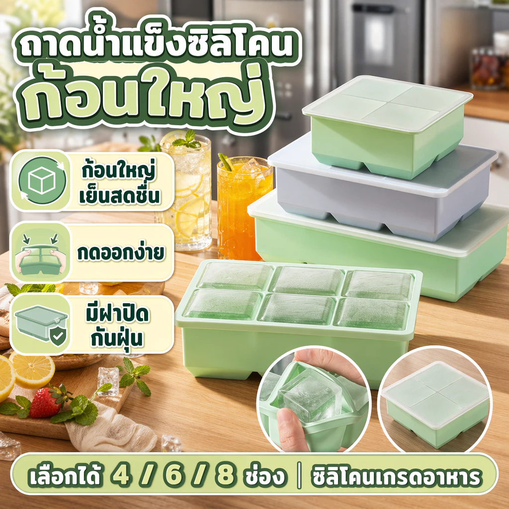 แม่พิมพ์น้ำแข็งซิลิโคนขนาดใหญ่ แม่พิมพ์น้ำแข็งก้อนใหญ่ 4ก้อน/6ก้อน/8ก้อน ถาดน้ำแข็งซิลิโคน เกรดอาหาร