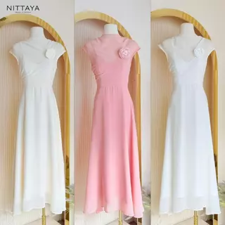 [NITTAYA] D2897 ชุดเดรสดวียดนามคอกลมแขนกุดซีทรูดีเทลสายเดี่ยวด้านในแต่งเข็มกลัดดอกไม้ สวยหรูดูแพงใส่ออกงาน ดินเนอร์