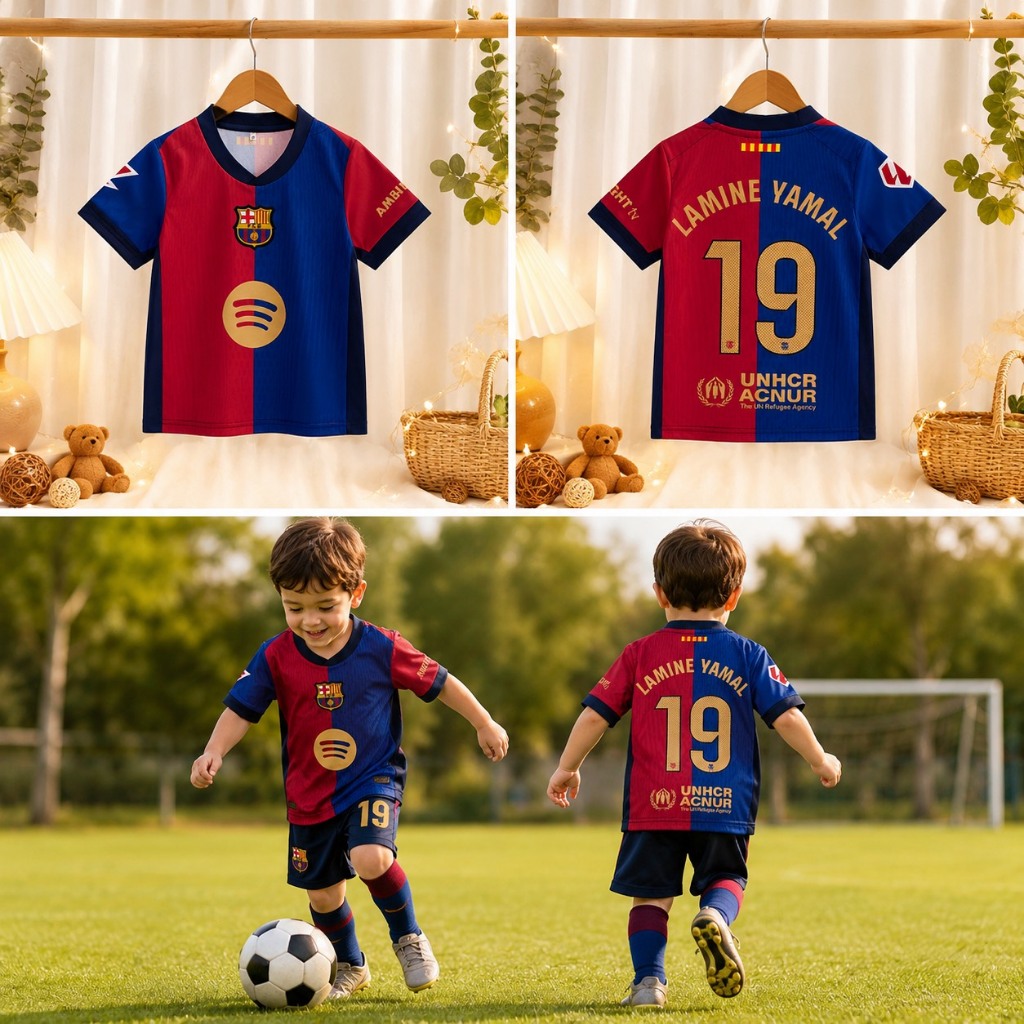 ชุดเซ็ตเสื้อพร้อมกางเกงฟุตบอลเด็ก สีฟ้าแดงทีมบาร์เซโลนา ลามินยามาลชุดเบอร์19 ใส่สบายไม่ร้อนสีสวยเข้ากับลุคสบายๆ