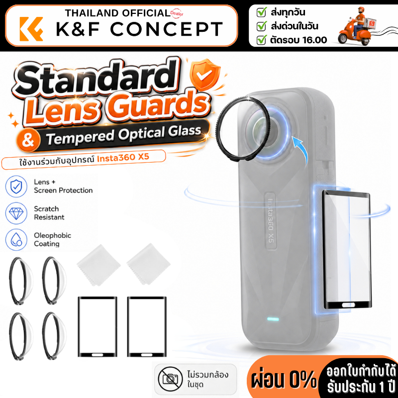K&F Insta360 X5 Standard Lens Guards Tempered Optical Glass Lens ฝาครอบกล้องเลนส์และฟิล์มกระจก (KF31