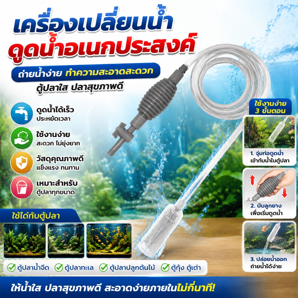 อุปกรณ์เปลี่ยนน้ำตู้ปลาอเนกประสงค์ 4-in-1 ถ่ายน้ำตู้ปลา ดูดขี้ปลา ดูดทราย ดุดเศษอาหารปลา เครื่องดูดเศษสิ่งสกปรกในตู้ปลา
