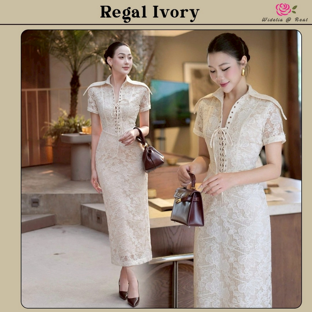 Regal Ivory Dress เดรสผ้าลูกไม้ตัวยาว ผ้าลูกไม้เนื้อนุ่ม ปกใหญ่เก๋ ช่วงอกแต่งตาไก่ร้อยเชือกผูกโบว์ ทรงเดรสเข้ารูป