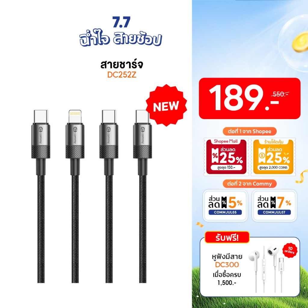 Commy สายชาร์จไนลอนถัก Premium ชาร์จเร็ว 65W/27W  สำหรับไอโฟน และแอนดรอยด์ ยาว 1.5 ม รุ่น DC252