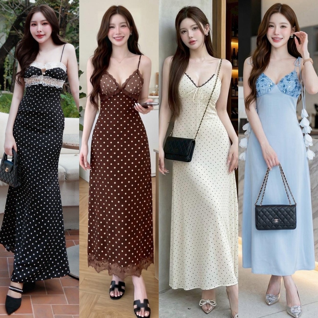 ร้านโค้ดคุ้ม Mila เดรสสายเดี่ยวลายจุดดีไซน์หวานละมุน ตัวเดรสปรับสายได้ ใส่เที่ยว ออกเดท ปาร์ตี้ ทะเล