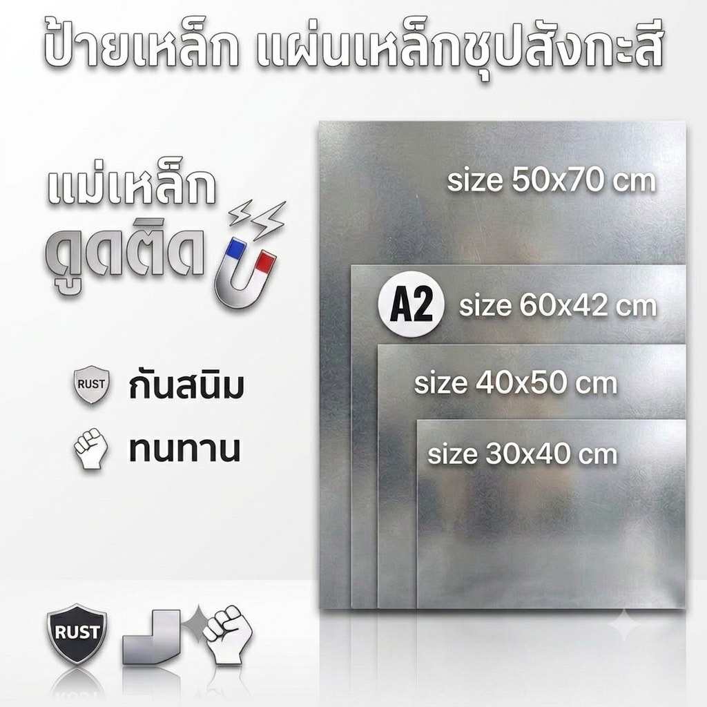 ป้ายเหล็ก DIY แผ่นเหล็กชุปสังกะสี ที่แม่เหล็กดูดติดได้ หนา0.4-0.5,0.8  mm ขนาด 50x70cm 40x50cm A260x42cm 30x40cm