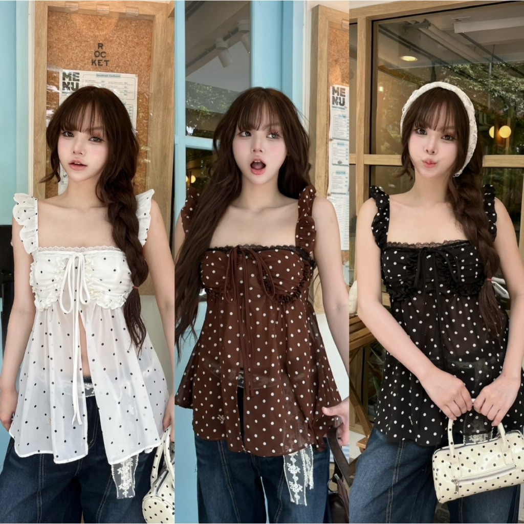 เสื้อสายเดี่ยวตัวยาวลายจุด polkadot เสื้อสายเดี่ยวแต่งระบายที่สาย จั๊มช่วงอก ดีเทลแหวกหน้า น่ารัก NUSA