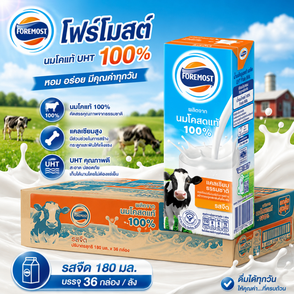Foremost โฟร์โมสต์ รสจืด 180 มล. นม UHT ยูเอชที [36กล่อง /ลัง]