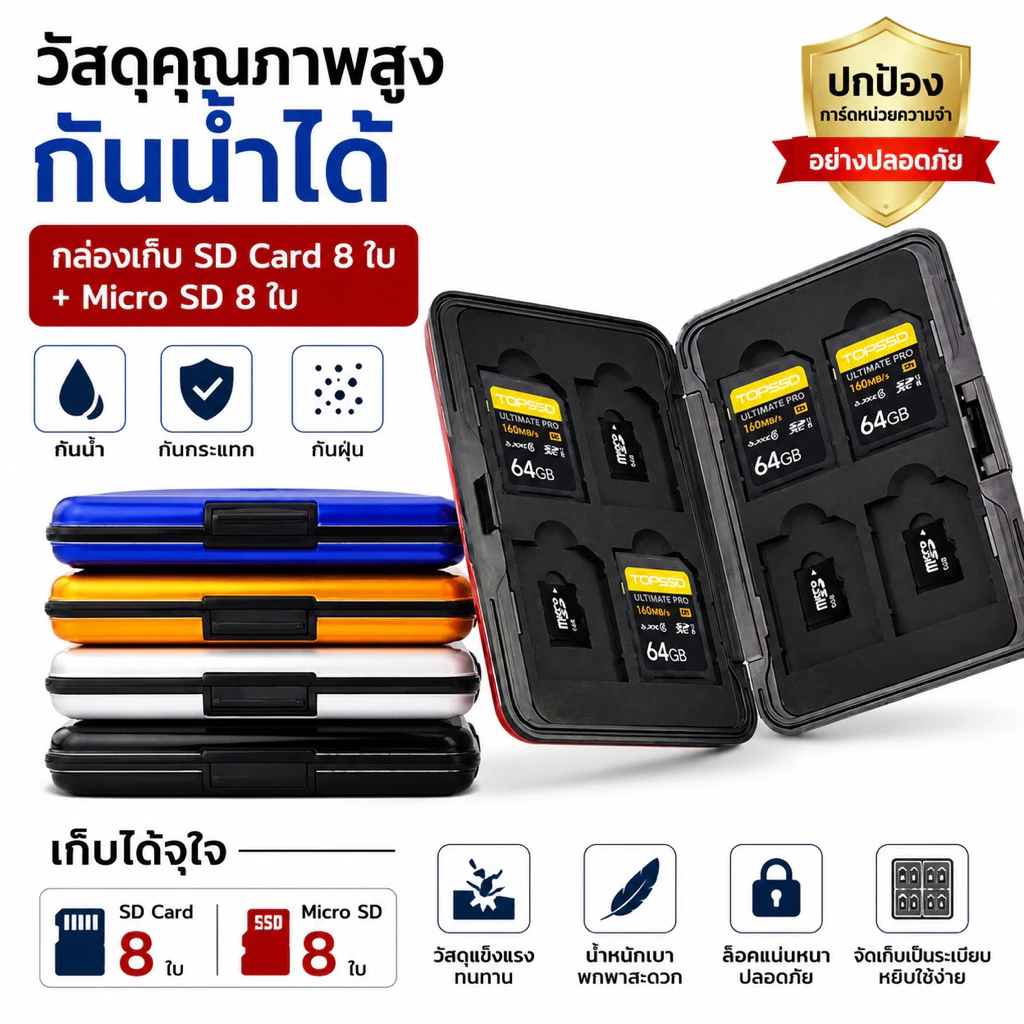 กล่องใส่เมมโมรี่การ์ด กล่องใส่การ์ด ที่ใส่เมมโมรี่การ์ด กล่องใส่เมม SD+Micro SD วัสดุคุณภาพสูง กันน้ำได้ CARD 8+8