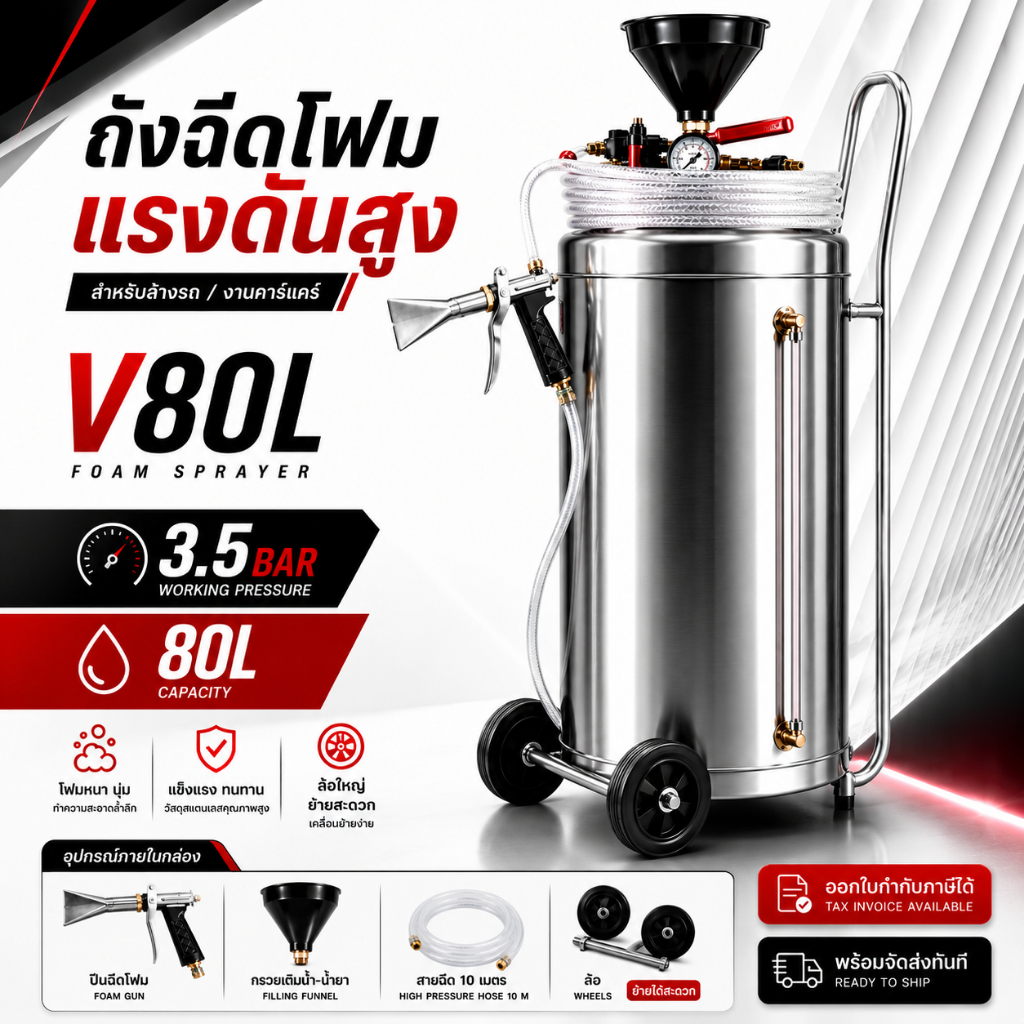 Prasertsteel ถังฉีดโฟม 80 ลิตร รุ่น V80L สแตนเลส แรงดันการทำงาน 3.5 บาร์ ใช้สำหรับล้างรถ คาร์แคร์ พร้อมจัดส่งทันที V70L