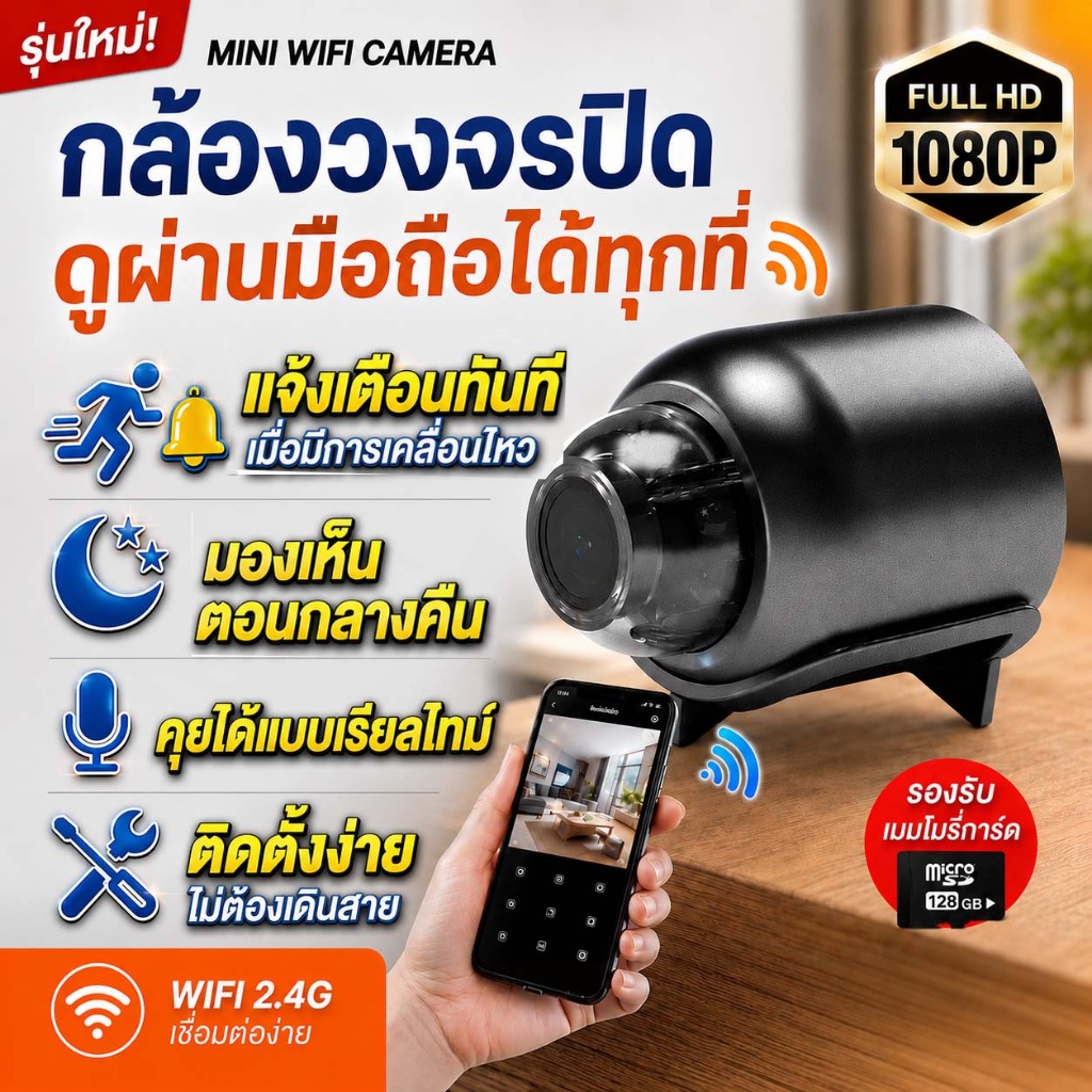 THAI กล้องวงจรปิด กล้อง WiFi Mini Camera Full HD 1080P ดูผ่านมือถือ อินฟราเรดกลางคืน ตรวจจับความเคลื่อนไหว เสียงสองทาง