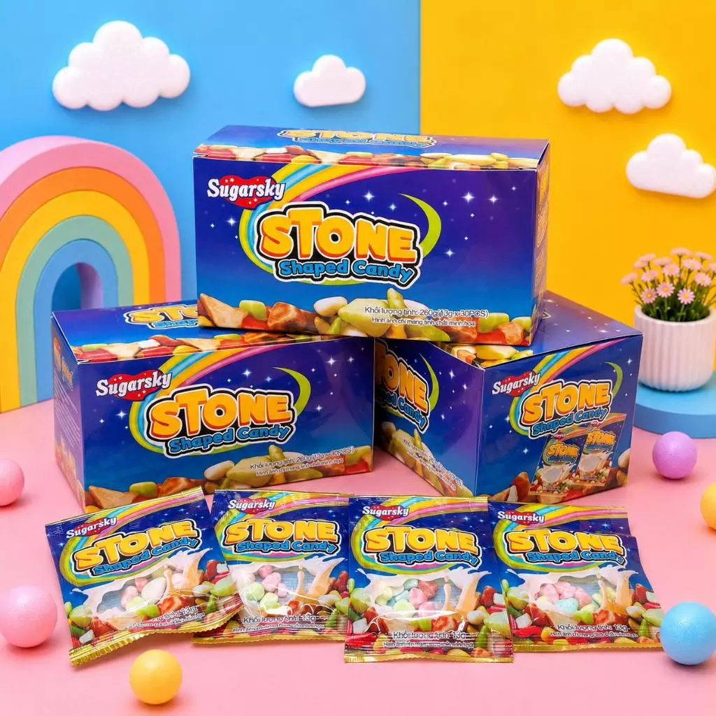 ลูกอมแคนดี้สโตน ลูกอมหินรสช็อกโกแลต และ นม 1 กล่อง 30 ชิ้น ขนมซูกัส