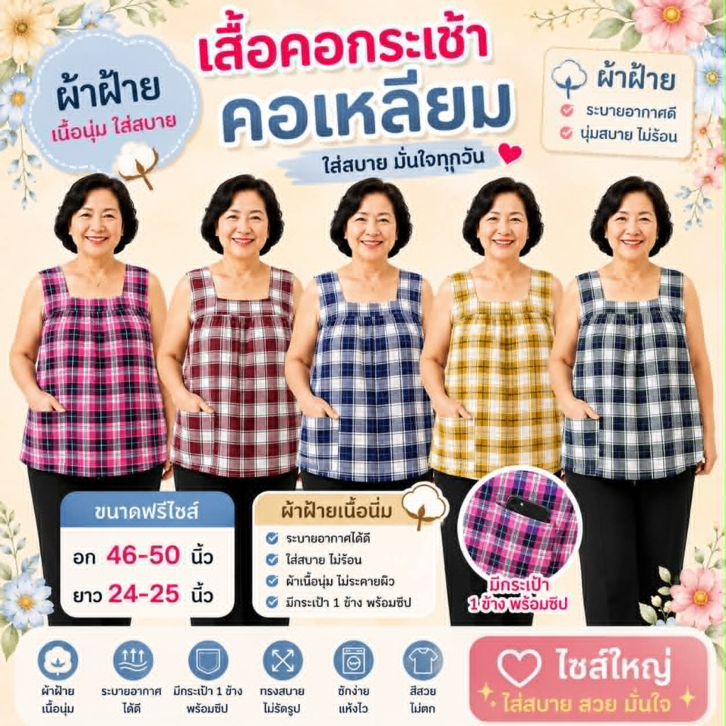 เสื้อคอกระเช้าคอเหลี่ยม ผ้าฝ้ายแท้ ระบายอากาศได้ดี มีกระเป๋าพร้อมซิป
