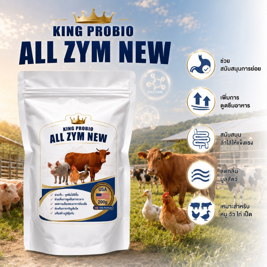 KING PROBIO ALL ZYM NEW โปรไบโอติกสำหรับหมู ไก่ เป็ด วัว จุลินทรีย์เสริมการย่อยอาหาร เพิ่มการดูดซึมอาหาร ลดท้องเสีย