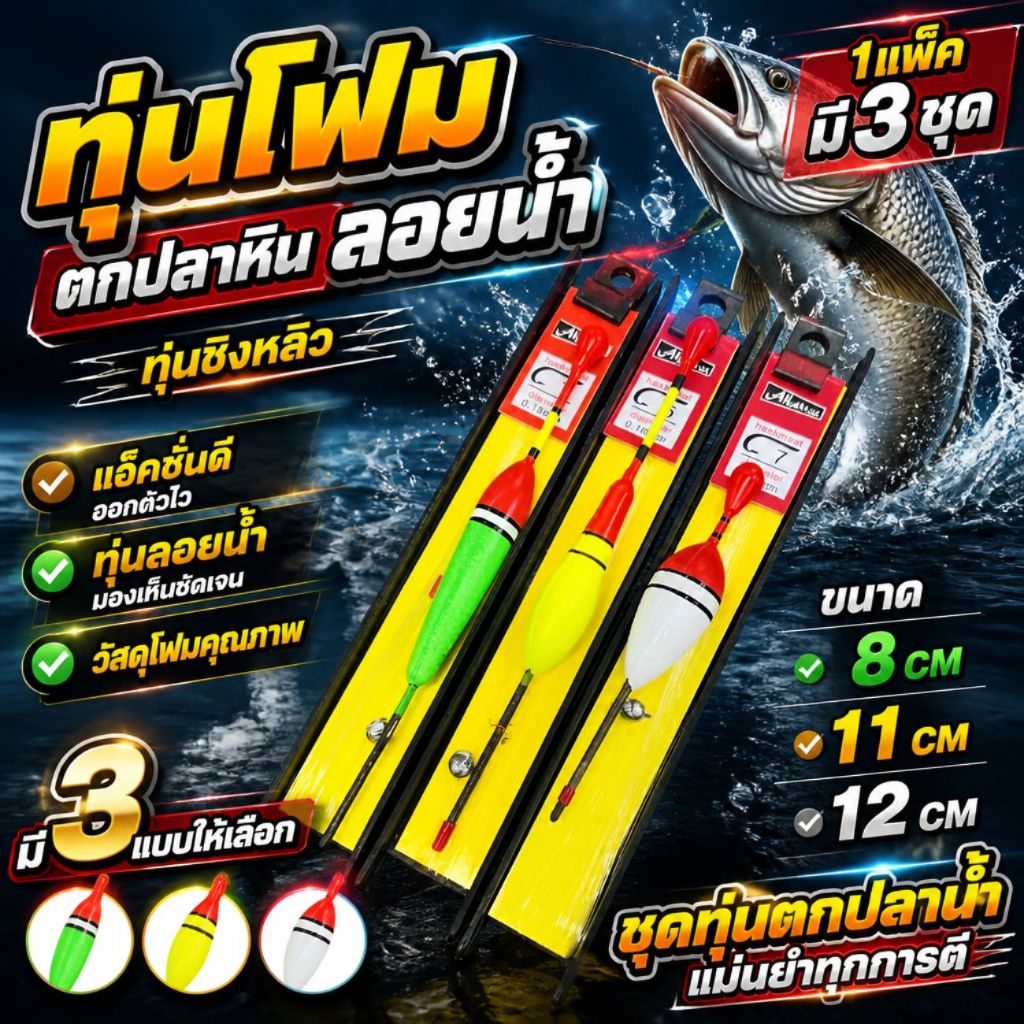ชุดทุ่นตกปลา3ชิ้น,ชุดทุ่นโฟมตกปลาหินลอยน้ำ ทุ่นชิงหลิว 1แพ็ค มี3ชุด เอ็นตะขอในตัว#5#7#9 ตะกั่วถ่วงน้ำ 3เเบบให้เลือก