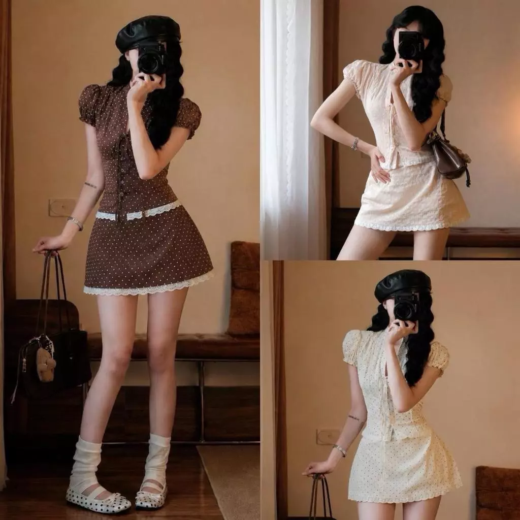 BELLITA | (S-5XL) “Vintage & Coquette Vibes” ชุดเซ็ทสีครีมวานิลลาพิมพ์ลายจุดทั้งชุด เนื้อผ้าสวมใสสบายไม่แข็งไม