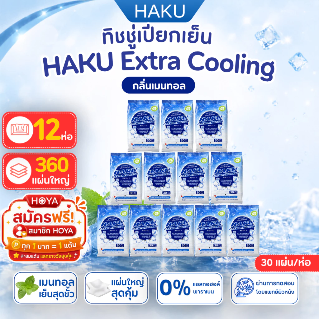 [12ชิ้น] ผ้าเปียกติดแอร์เย็นสดชื่น Haku Cooling กลิ่น MENTHOL เหมือนอาบน้ำใหม่! 30แผ่น/ห่อ