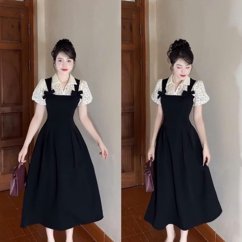 BELLITA | 'S-5XL' Vintage Lace Midnight Dress | เดรสยาวผ้าสูทตัดแต่งผ้าลูกไม้เนื้อนุ่ม ใส่ทำงาน ออกงานสำคัญ งาน