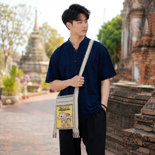 ย่ามลายช้าง สีครีม กระเป๋าย่าม ผ้านากา กระเป๋าสะพาย ผ้าพื้นเมือง คละสีคละลาย 2ช่อง 2ซิป มีซับใน ไซส์ 8/9/10/12 นิ้วส่งไว