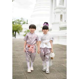 ชุดไทยเด็ก ม่วงมณี คู่ชายหญิง ผ้าไหมเทียม ชุดไทยประยุกต์เด็ก ใส่งานบุญ งานแต่ง วันลอยกระทง